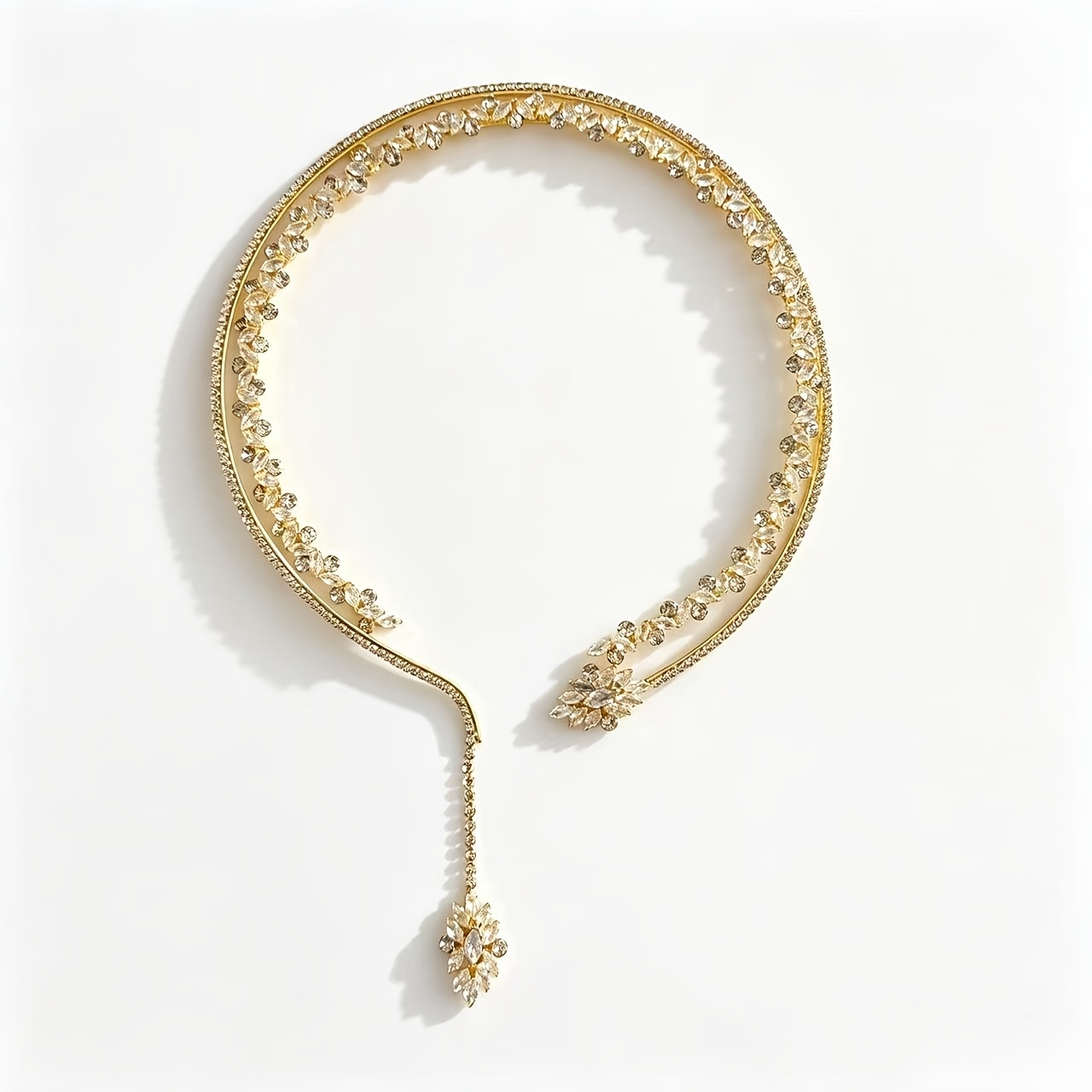 Women's Double-Layer Leaf Choker Necklace with Rhinestone Pendant